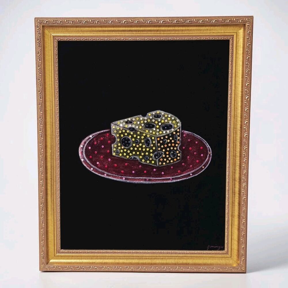 Original Swiss Cheese Black Velvet Painting 24x19.5 Framed Rhinestone Pop Art
